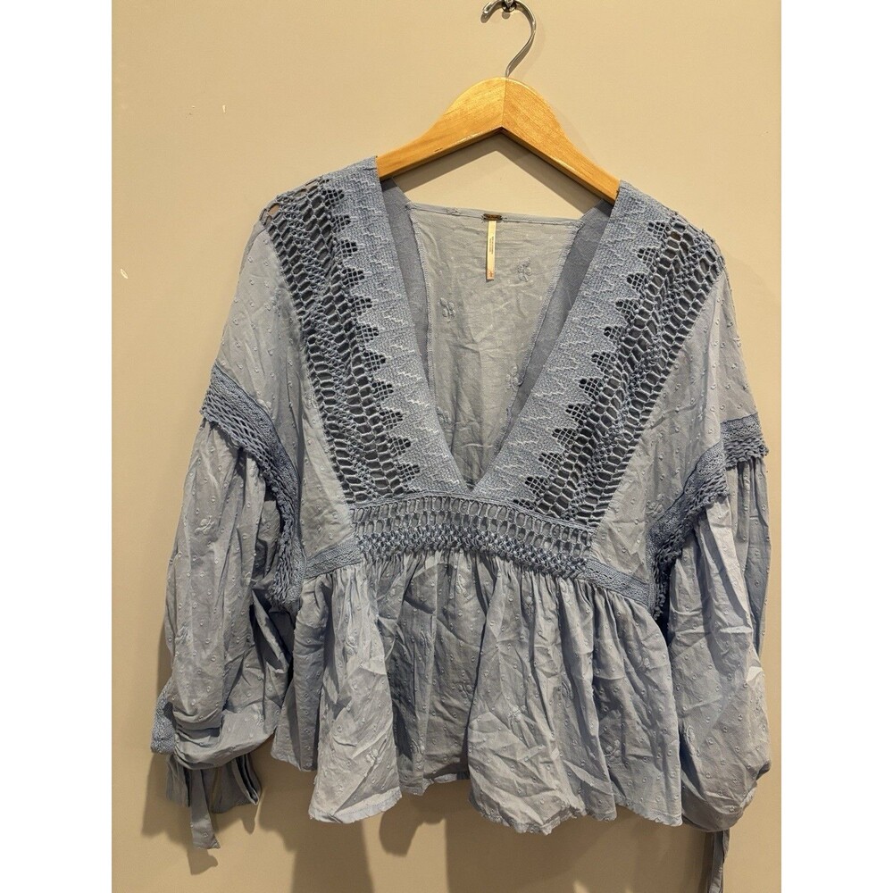 Free People 'Drive You Mad’ Blue Top Peplum For Puff Sleeve Size L - Picture 5 of 10